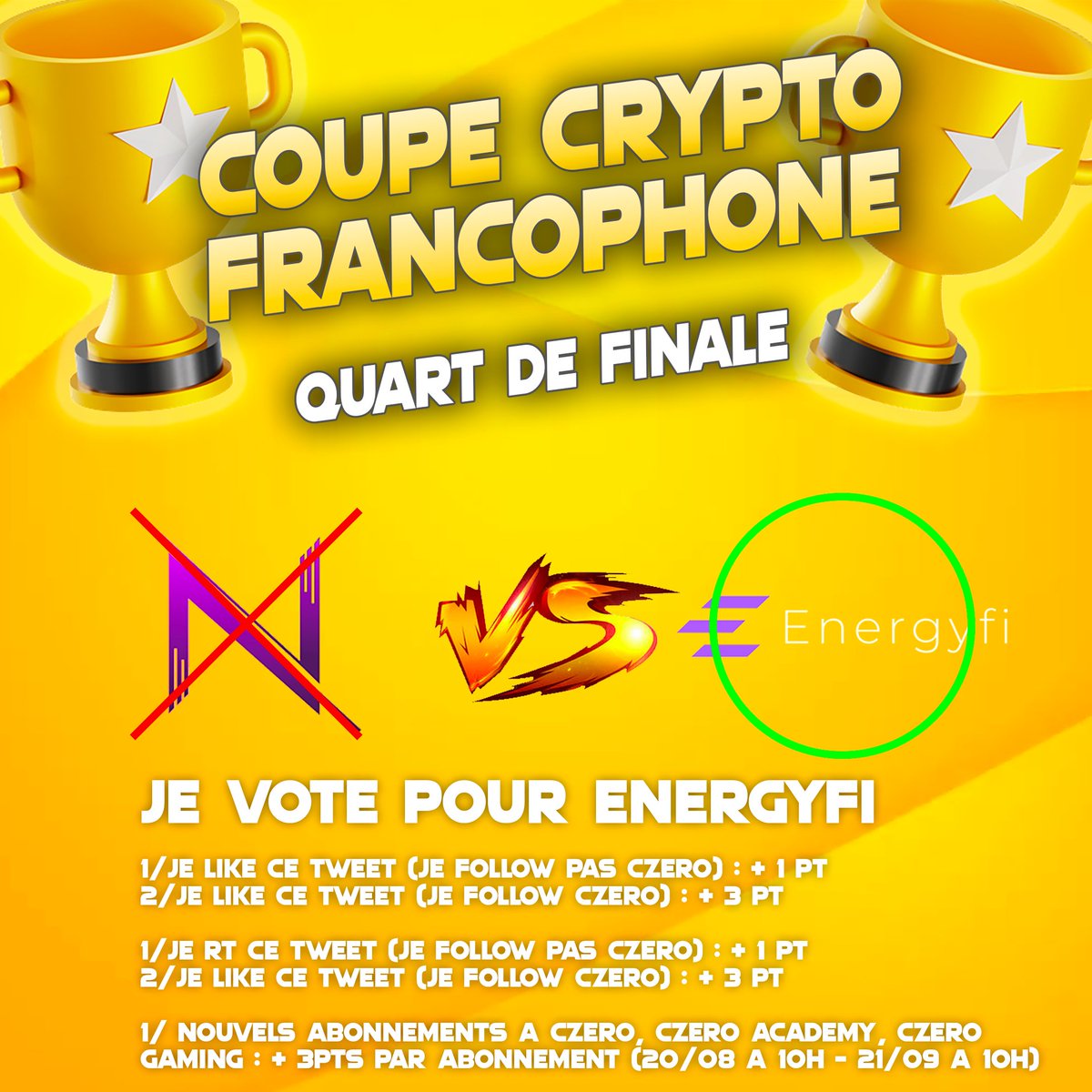 CryptoZeroActu's tweet photo. 🏆 Vote pour @Energyfi_io (VS @nextep_crypto autre tweet)

1/ Je like (pas follow Czero) : +1 pt - (je follow) : +3 pts
2/ Je RT (pas follow Czero) : +1 pt - (je follow) : +3 pts
3/ Nouveaux abonnements à Czero, Czero Academy, Czero Gaming : +3pts (20/08 à 10h - 21/08 à 10h) https://t.co/U3GVof8Byg