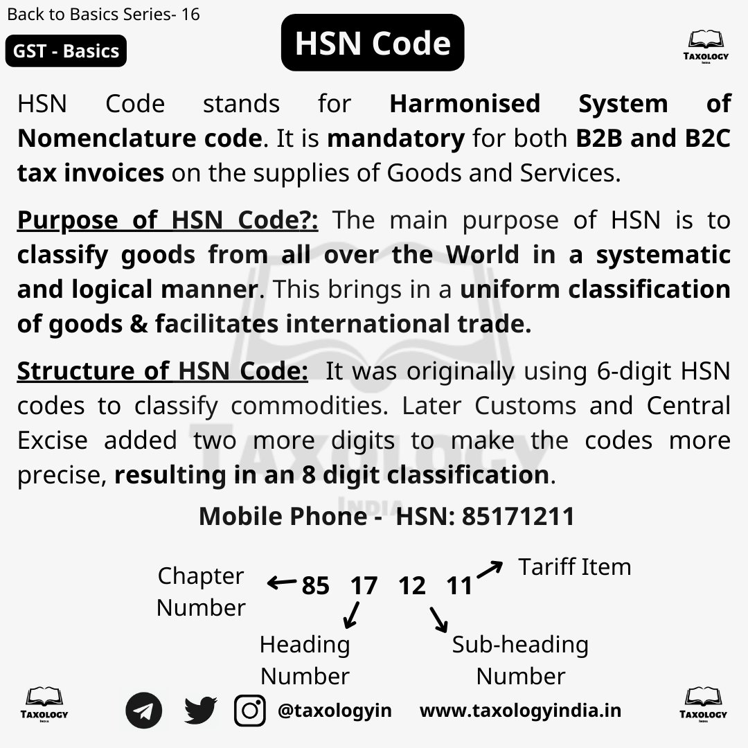 taxologyin's tweet photo. We have all seen HSN code mentioned in the GST Invoice. But do we know what does HSN even mean?
Let's understand about HSN Code & its structure.
#hsn #gstbasics #GST @PratibhaGoyal @TaxationUpdates @caanuragwriter #HSNcode https://t.co/w96UVLeFKM