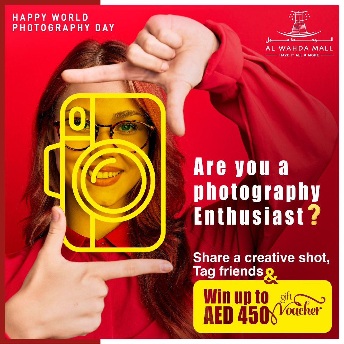 alwahdamall's tweet photo. Win BIG this World Photography Day! 😍

Calling all photography enthusiasts to participate in our Tag &amp; Win Contest. 
1. Share a creative shot on your  Instagram story and mention @alwahdamall on your story. 
2. Tag friends in the comments. (Unlimited tags allowed) https://t.co/GGTemxf8Tc