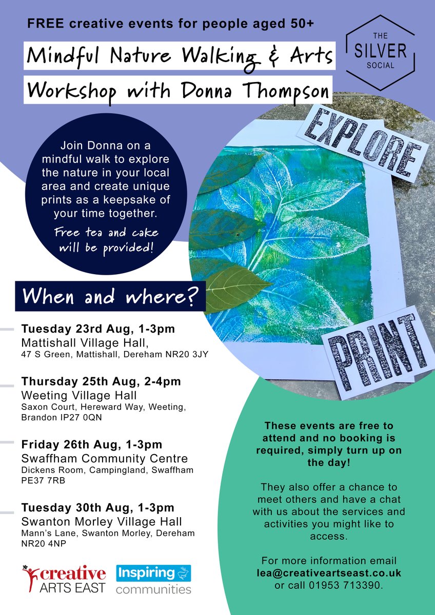 Join Donna Thompson on a mindful walk to explore the nature in your local area &amp; create unique prints together! Of course, FREE tea &amp; cake will be provided🍰

The Silver Social events are FREE to attend &amp; simply turn up on the day-no need to book😄
<a href="/BreckCouncil/">Breckland Council</a> <a href="/CreativArtsEast/">Creative Arts East</a>