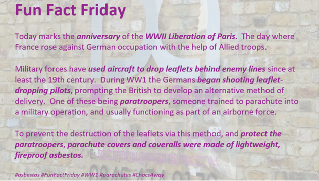 PAGroupUK's tweet photo. #asbestos #FunFactFriday #WW1 #parachutes #ChocsAway https://t.co/9Tcx0HdBwJ