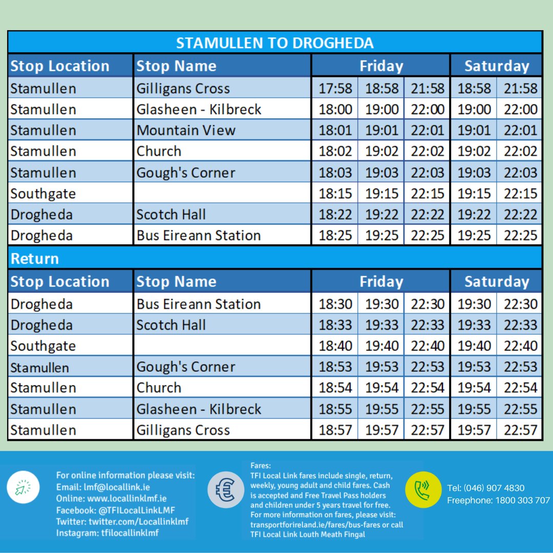 Locallinklmf's tweet photo. 📣Route 192 Stamullen to Drogheda Service Update📣
Due to traffic, the following changes have been made:
•The addition of a stop at Scotch Hall
•The bus will stop at Drogheda Bus Eireann Station instead of the Town Centre
#TFIUpdates #ServiceUpdate #Route192 https://t.co/v2WHYB38wO