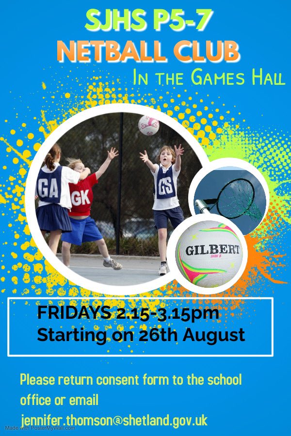 A Primary 5-7 netball club will be starting on Friday, 26th August from 2:15 to 3.15. Please see the poster for more details regarding consent forms! 😊