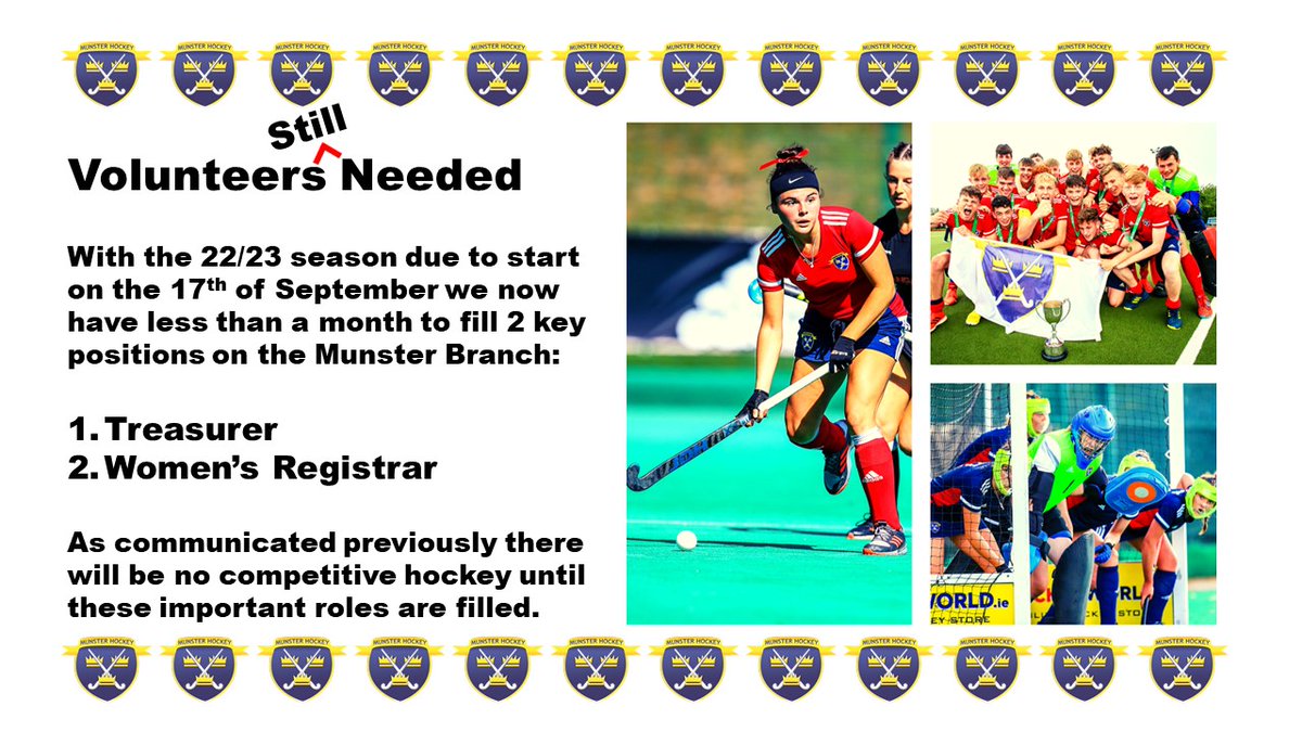 ** No Branch, No 22/23 Season **

With just a month to go till the 22/23 season is due to start we still need to fill 2 positions on the Munster Branch. 

Please get in touch with secretary@munsterhockey.ie if you are interested or want to find out more.

#munsterhockey