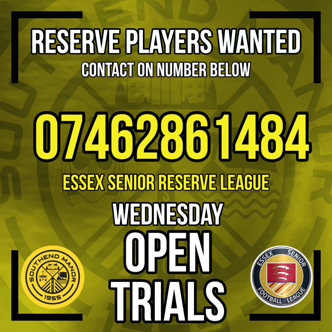 SouthendManorFC's tweet photo. 🟨⬛️RESERVE PLAYERS🟨⬛️
We are after players for our Reserve team. Specifically defensive minded players.
New Manager to be announced Sunday
Get in touch to attend our Open Trials
#ManorReserves #OurManor https://t.co/LpS15cdvae