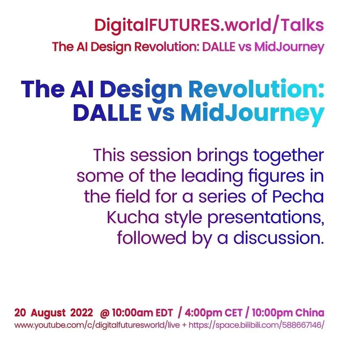 DigitalFutureJp's tweet photo. 話題のAI 画像生成ツールDALL・EとMidJourneyについて、その建築へのインパクトなどを議論するシンポジウムが明日20日夜11時から配信されます。登壇者はNeil Leach, Patrik Schumacher, Andrew Kudless, Niccolo Casas, Matias del Campo, Daniel Bolojan, Angelica Ponzio他
https://t.co/baHGxNbVt8 https://t.co/qg0iLaSAvf