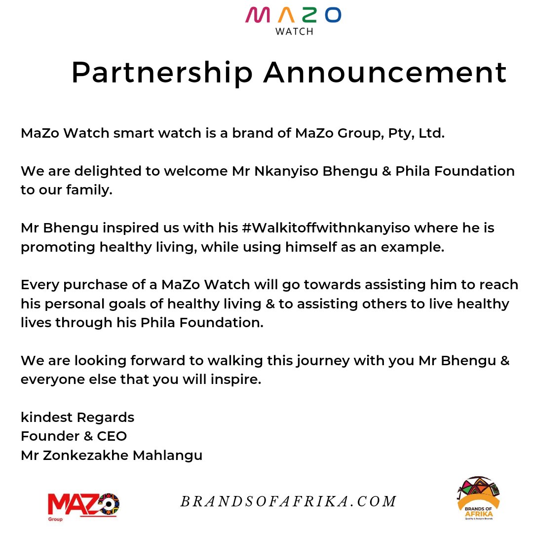 MaZoWatch's tweet image. We are extremely happy &amp;amp; excited to welcome Mr @NkanyisoBhengu &amp;amp; @philafoundsa to our family as he embarks on #walkitoffwithnkanyiso to inspire others to live healthy lives. @MaZoWatch has 13 fitness modes including STEPS to assist him on this journey. 
#MaZoWatch
#LiveYourLife