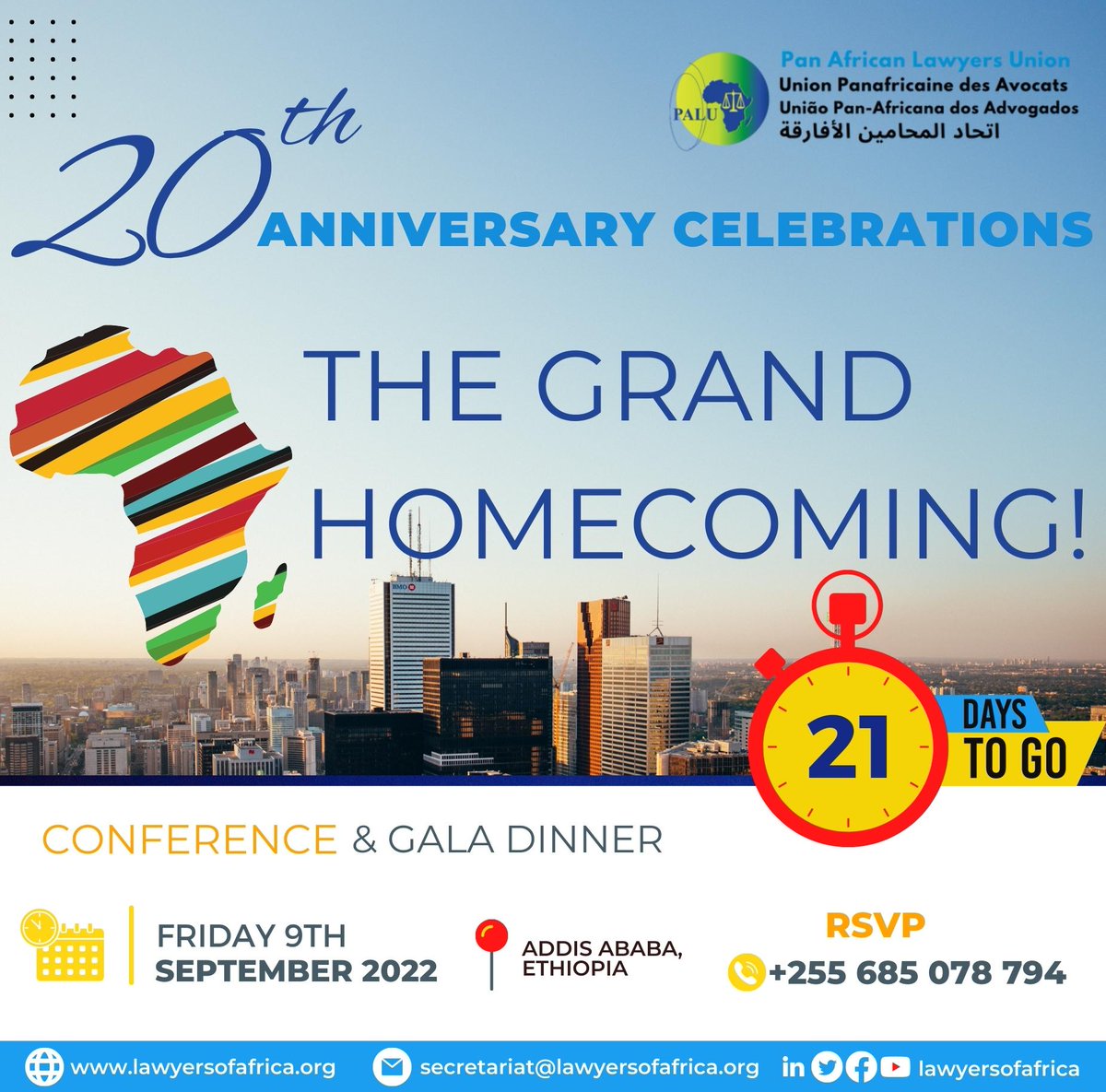 LawyersofAfrica's tweet photo. #21DaysRemaining #JOINUS for PALU's 20th Anniversary Celebrations. In celebration of PALU turning 20 years, it’s only befitting that PALU returns to where it was founded (Addis Ababa, Ethiopia) for “The Grand Homecoming”.
For more information visit: https://t.co/Ro9ZeLJa26 https://t.co/ZDCoZZXMYU