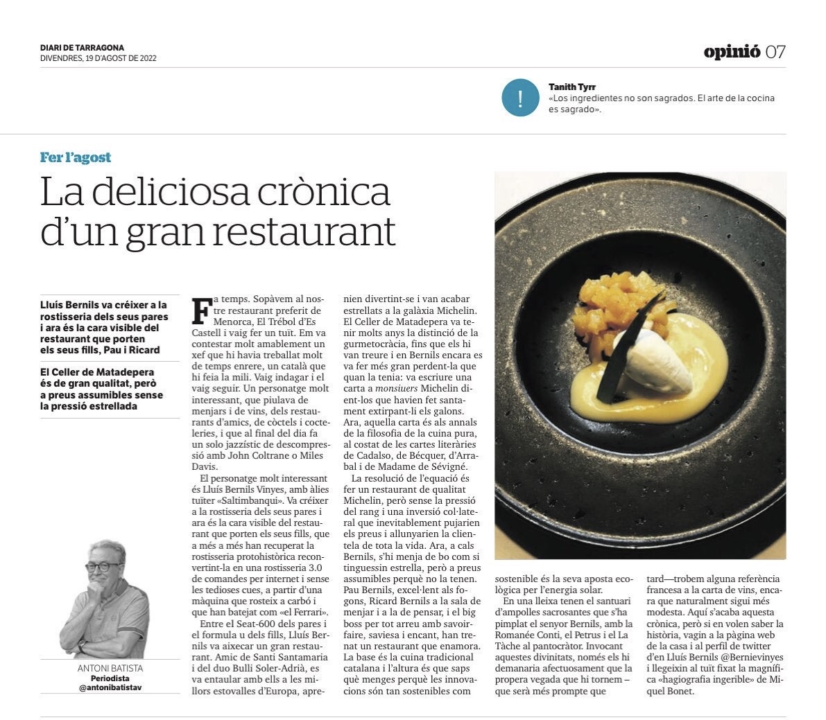 antonibatistav's tweet photo. #ferlagost avui a un restaurant excepcional, El Celler de Matadepera de @Bernievinyes, @paubernils i @rikibernils. L'article de la meva secció estival al @diaridtarragona. https://t.co/PVEy0o2Uqf