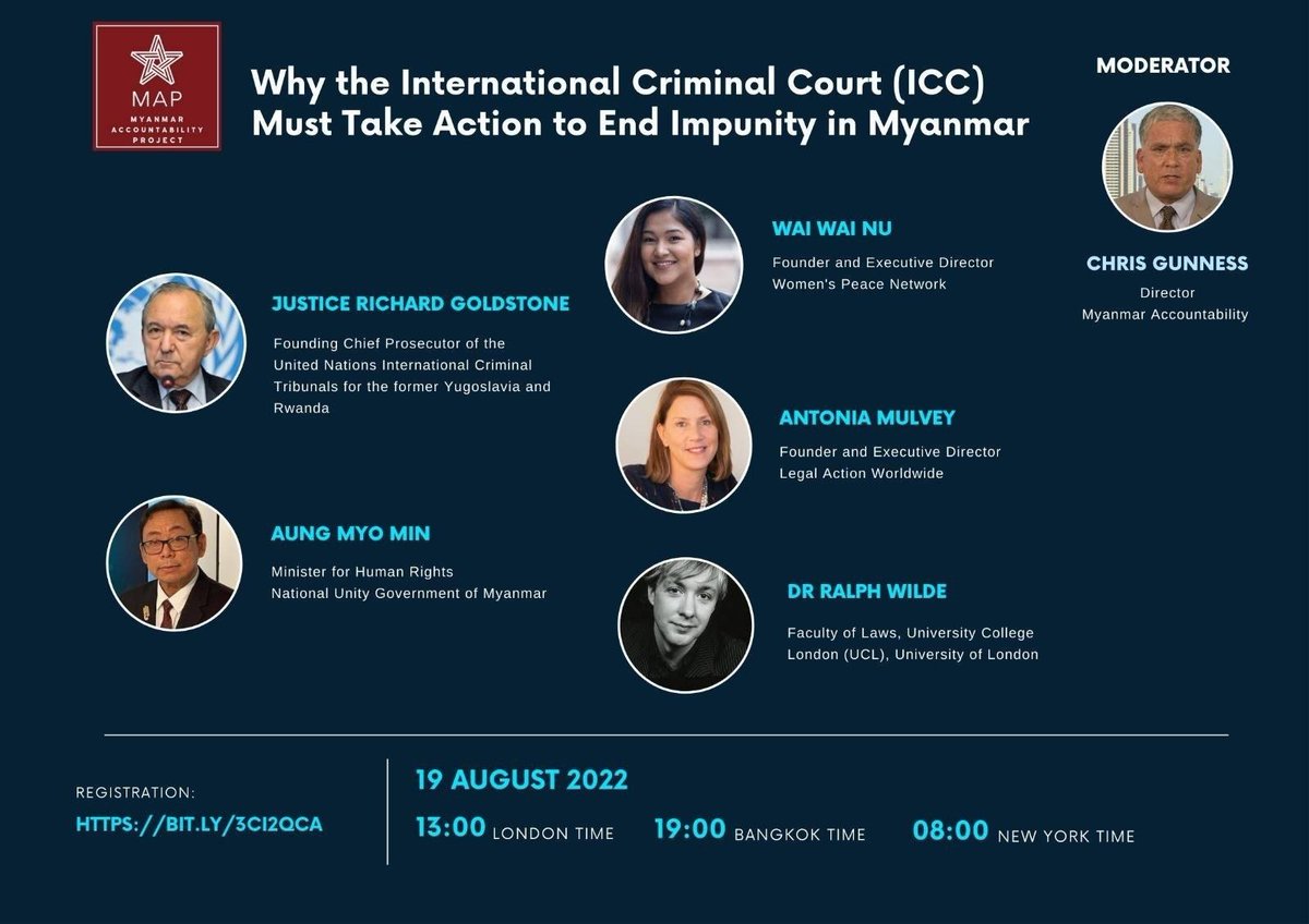 JOIN US TODAY!

@MyanmarAProject is hosting a webinar on why #ICC must take action to end #impunity in #Myanmar.

Moderator #ChrisGunness will be joined by:
@aung_myo_minn
 @waiwainu
 @AntoniaMulvey
 @ralphwilde
 & #RichardGoldstone 

 RSVP: bit.ly/3vG9Oox