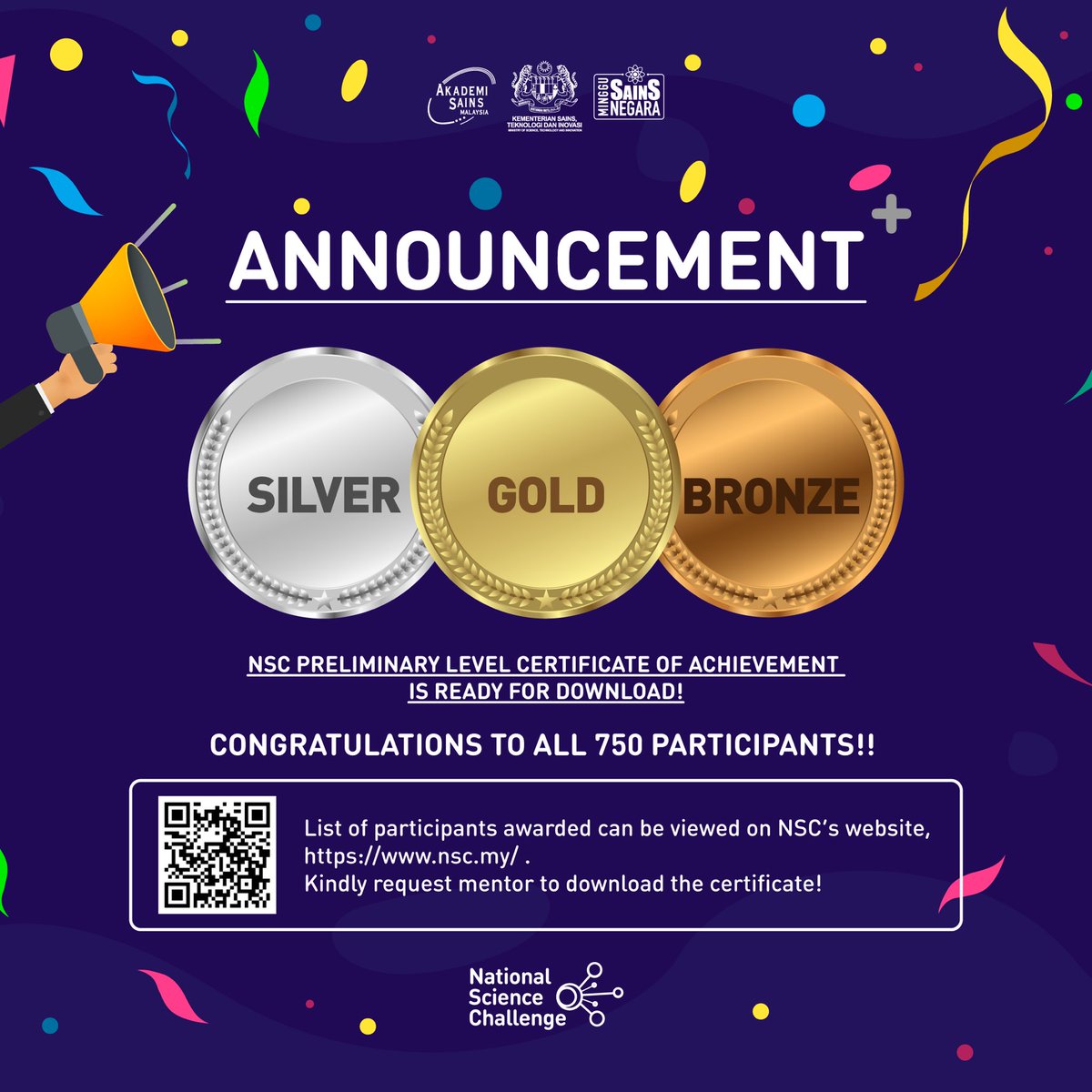 nsc_my's tweet photo. Congratulations to all 750 students who are awarded this Certificate of Achievement. We hope this certificate will be a milestone in your academic journey. For the others not listed this year, let’s do better in the 2023 edition. 

#MSN22 #NSC22 #STEM #ScienceEducation https://t.co/swckFK4Yr1