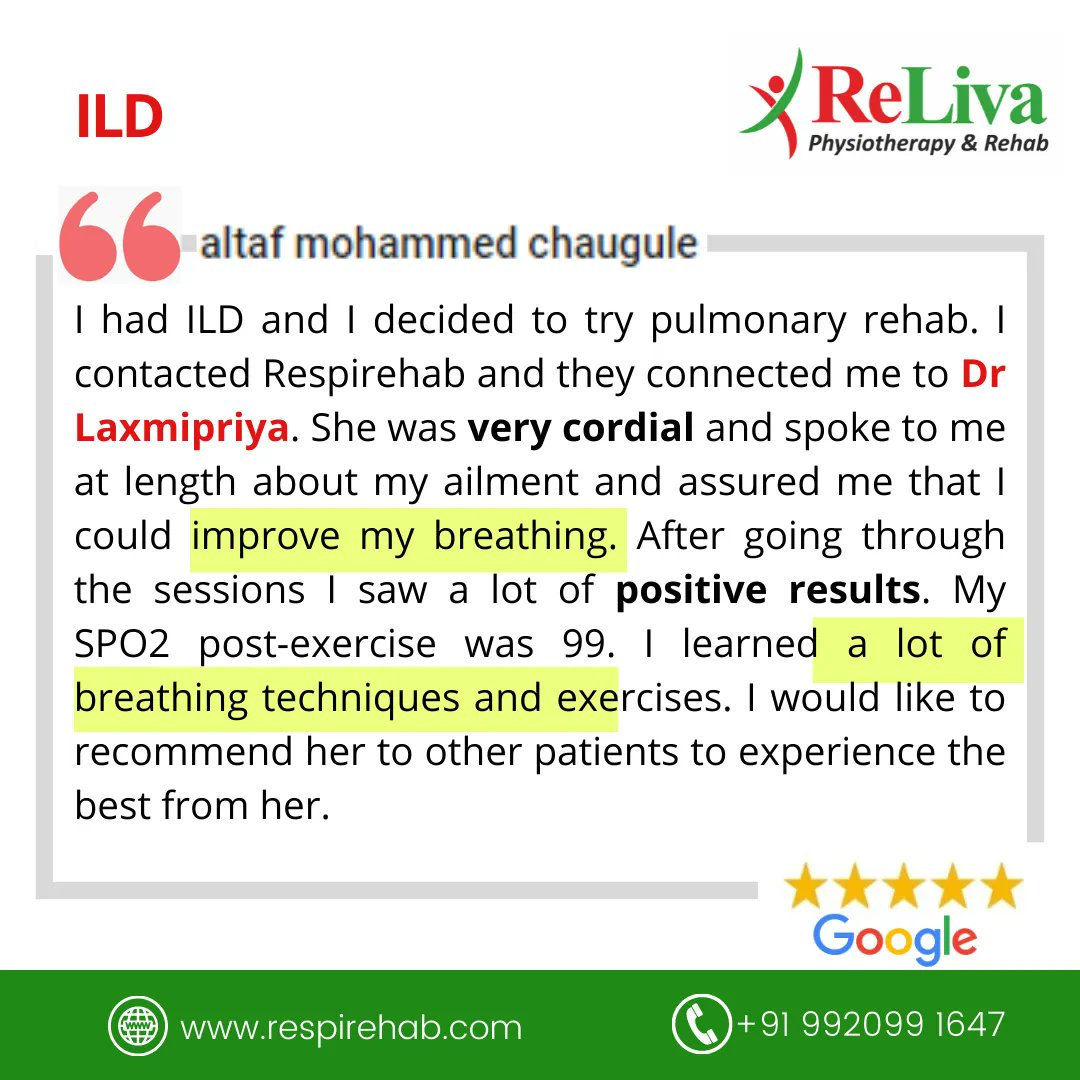 Here is feedback from a #happypatient after treatment of ILD Treated by physiotherapist Dr Laxmipriya in Hyderabad.
.
.
.
.
.
#pulmonaryrehabilitation #pulmonaryrehab #breathingtraining #inspiratorymuscletraining #breathestrong #chronicrespiratorydiseases #foryou #explore