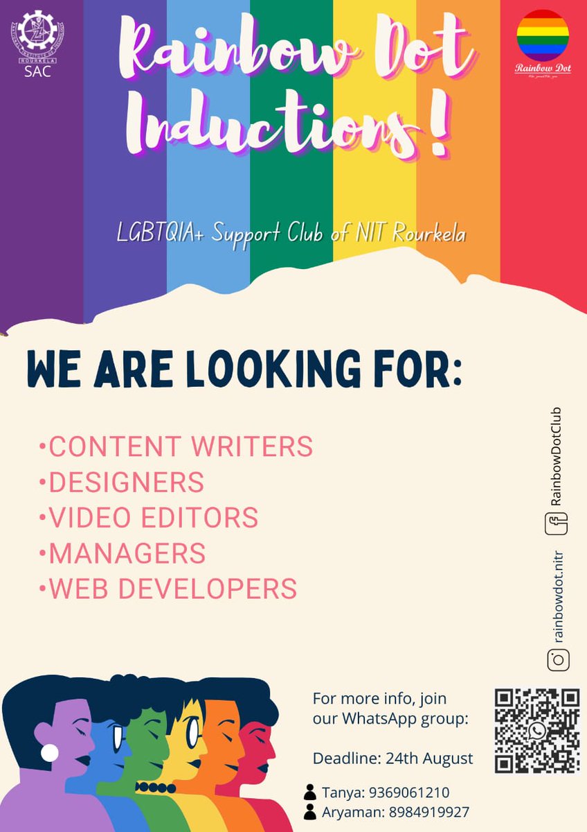 rainbowdot_nitr's tweet photo. *Rainbow Dot🏳️‍🌈*, the *LGBTQIA+ support group* of NIT Rourkela, is pleased to announce that we're *inducting*! 

*Join the whatsapp group to know more about the induction process:*
 https://t.co/IzZSIweQNH

*Fill the form to be a part of the inductions:*
 https://t.co/whr6FvqiyQ https://t.co/GR5rXxk1T4