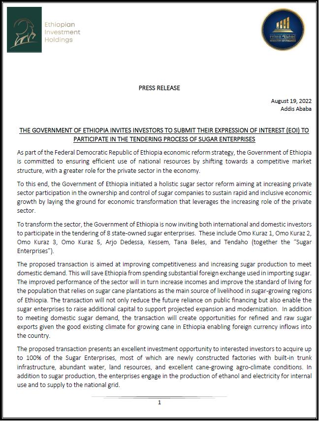 MoF_Ethiopia's tweet photo. The Government of Ethiopia Invites Investors to Submit their Expression of Interest (EOI) to Participate in the Tendering Processes of Sugar Enterprises https://t.co/4mQytg0z6N