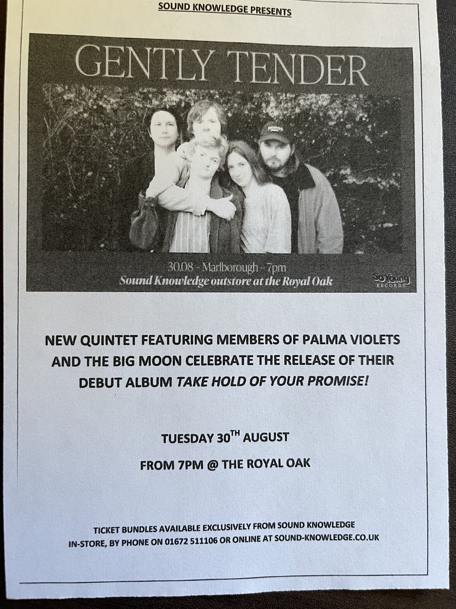 <a href="/Gently_Tender/">Gently Tender</a> featuring members of Palma Violets &amp; The Big Moon celebrate release of debut album Take Hold Of Your Promise! 7pm Tuesday 30th August Royal Oak <a href="/oakmarlborough/">Royal Oak</a> Marlborough Wiltshire. Tickets from <a href="/SoundKnowledge_/">Sound Knowledge</a> record shop Marlborough #Marlborough #Wiltshire
