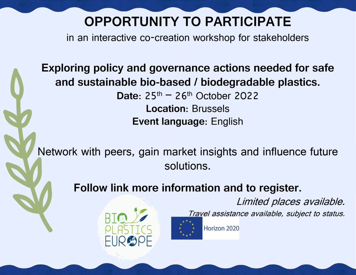 Carly Fletcher (@carly5761) on Twitter photo 🚨OPPORTUNITY🚨: Join the <a href="/bioplastics_eu/">Bioplastics H2020</a> workshop in Brussels, 25-26.10. Explore the policy and governance actions needed for safe and sustainable bio-based / biodegradable plastics.🌿Limited spaces available, for more info/ to register your interest:
➡️prospex.typeform.com/to/vCUPAycy 🚨OPPORTUNITY🚨: Join the <a href="/bioplastics_eu/">Bioplastics H2020</a> workshop in Brussels, 25-26.10. Explore the policy and governance actions needed for safe and sustainable bio-based / biodegradable plastics.🌿Limited spaces available, for more info/ to register your interest:
➡️prospex.typeform.com/to/vCUPAycy