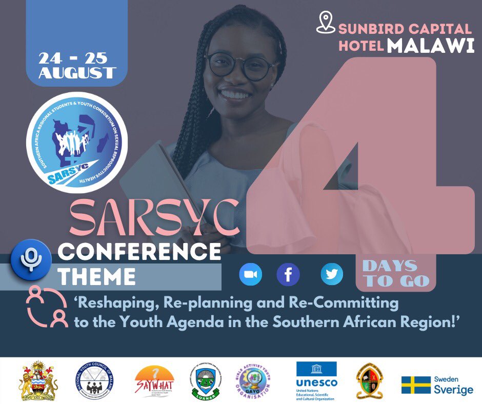 RedemptionChiv1's tweet photo. Only left with 4 days to go, register and join @sarsyc in Malawi Lilongwe, under the theme Reshaping, Re-Planning and Re-Committing to the Youth Agenda.
#YouthAgendaNow
#SARSYCMalawi
@SAYWHATOrg @SwedeninZW @UNESCO @sarsyc https://t.co/7Rwr930Yr1