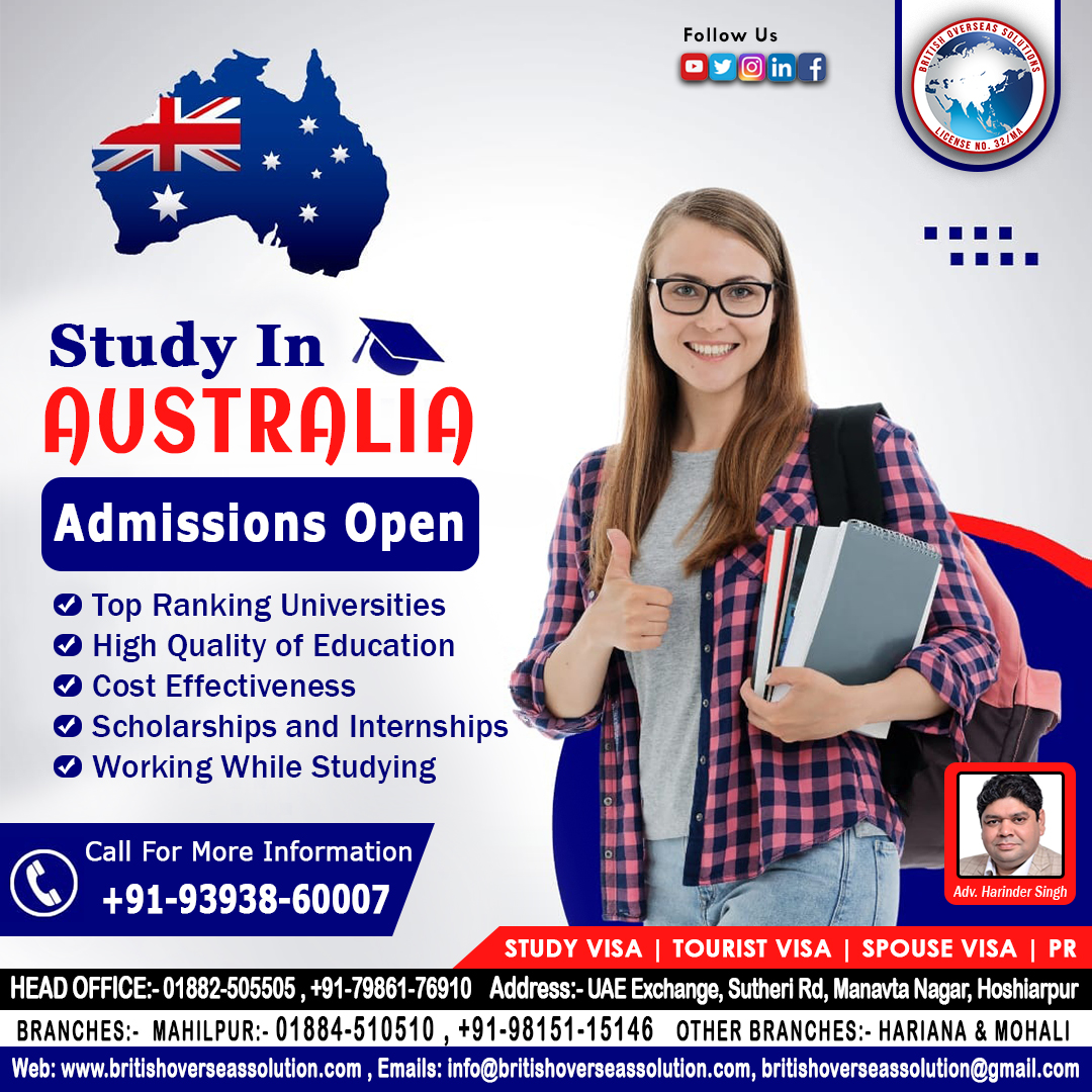 🇦🇺 Study in #Australia 🇦🇺  
🇦🇺 Australia_Study_Visa 🇦🇺 
✍ Apply Your Study Visa
📲 Call: +91-79861-76910 , +91-98151-15146  📲
Web: britishoverseassolution.com
Email: info@britishoverseassolution.com
       britishoverseassolution@gmail.com

#australiastudyvisa #studyvisaaustralia