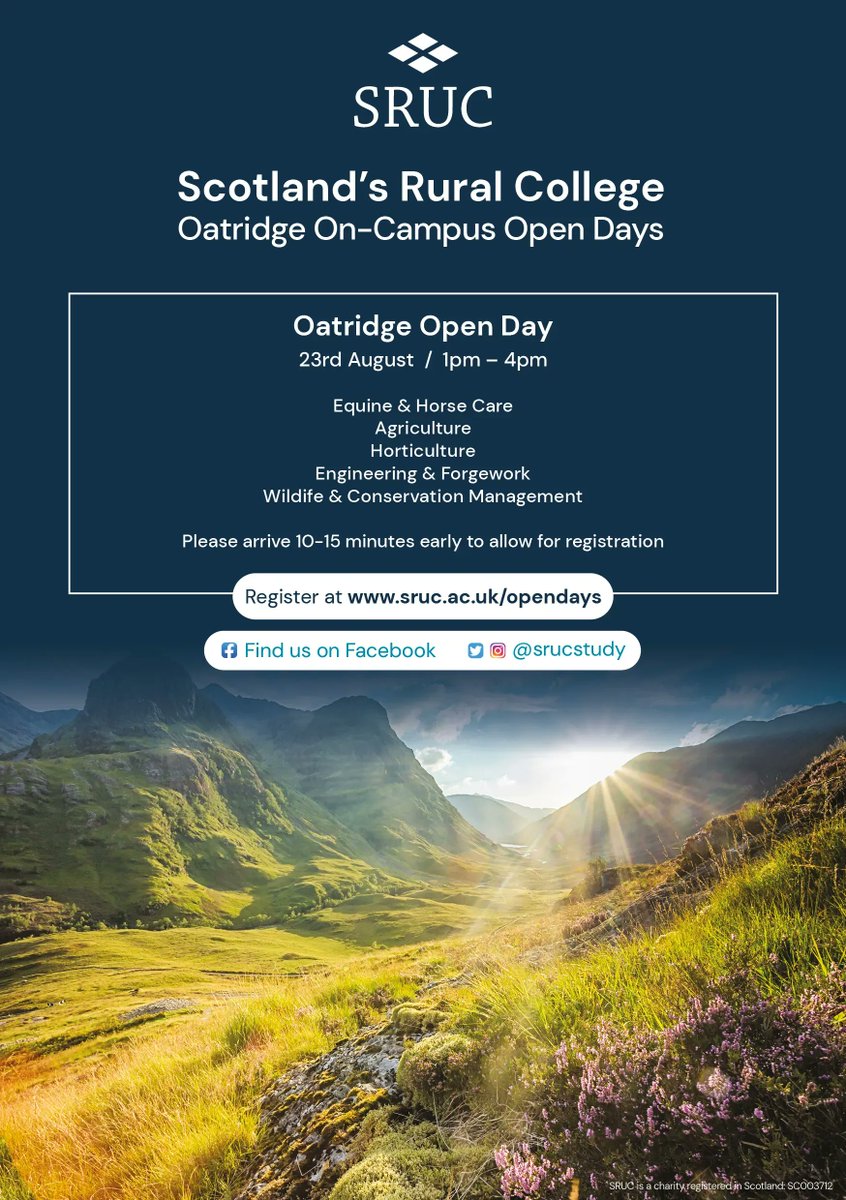 Still time to join us next Tuesday at SRUC Oatridge for a physical Open Day at 1pm. Subjects covered will be Agriculture, Horticulture, Engineering & Forgework, Wildlife and Conservation Management, and Equine Studies & Horse Care. Book online here: buff.ly/399nqk2