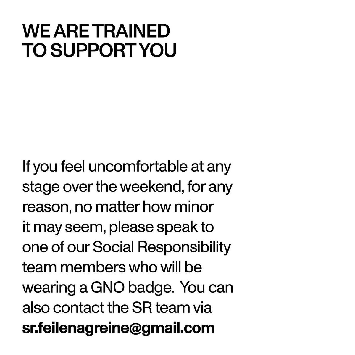 Friday is finally here and the festival will soon kick off 🎉

Everyone’s safety is important to us. So if you feel uncomfortable at any stage over the weekend, for any reason, no matter how minor it may seem, please speak to one of our Social Responsibility team members…
1/3