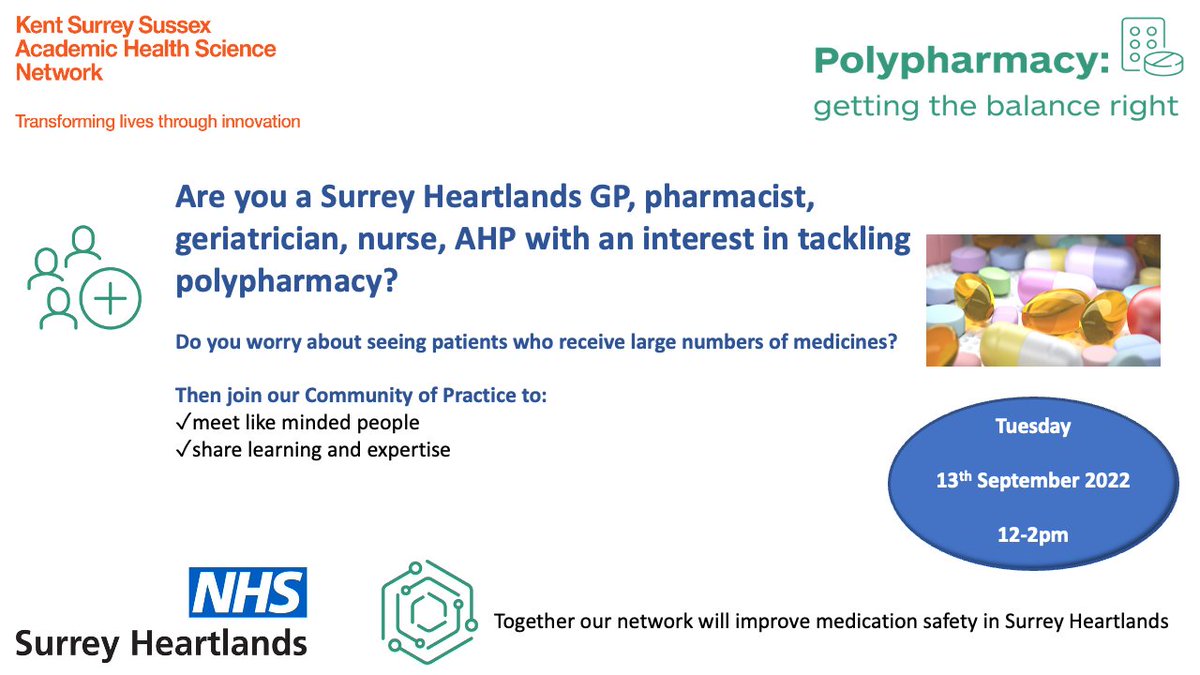 Bookings are now open for the first Surrey Heartlands Polypharmacy Community of Practice on 13th September 12-2pm. Aimed at GPs, pharmacists, geriatricians, nurses, AHPS with an interest in addressing problematic polypharmacy. Register to attend here. eventbrite.co.uk/e/surrey-heart…