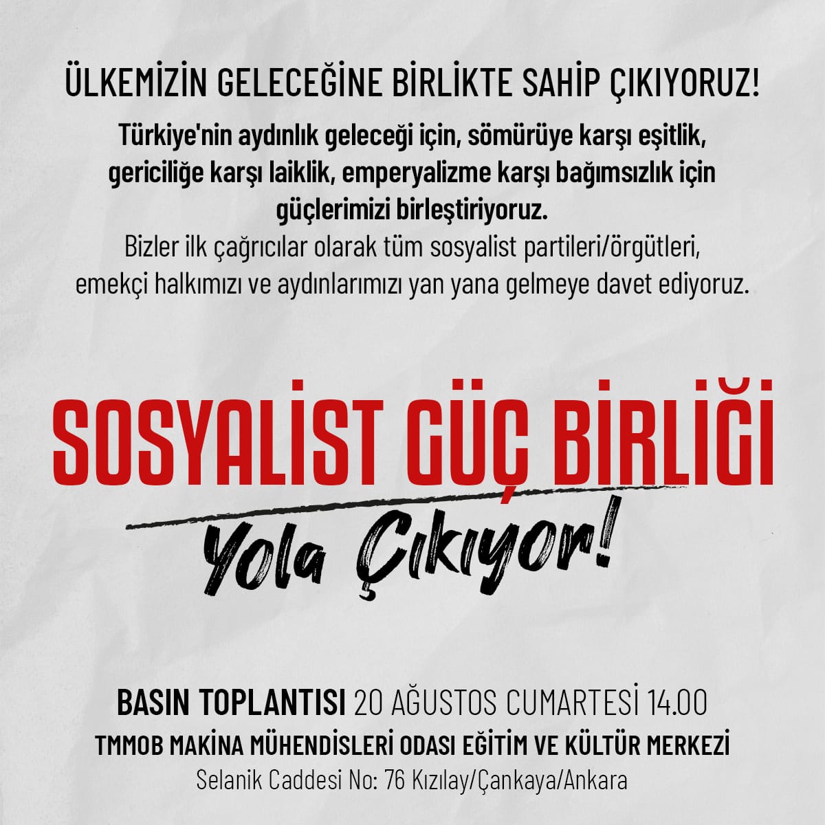 Ülkemizin geleceğine birlikte sahip çıkıyoruz.

Sosyalist Güç Birliği Yola Çıkıyor!