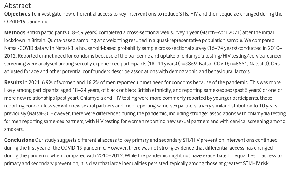 📢#NatsalCOVID finds that large inequalities in access to key #STI #HIV interventions persisted during the #covid19 pandemic, and there remains a need to reduce, if not eradicate, these.

Check out the new paper in @STI_BMJ at sti.bmj.com/content/early/…