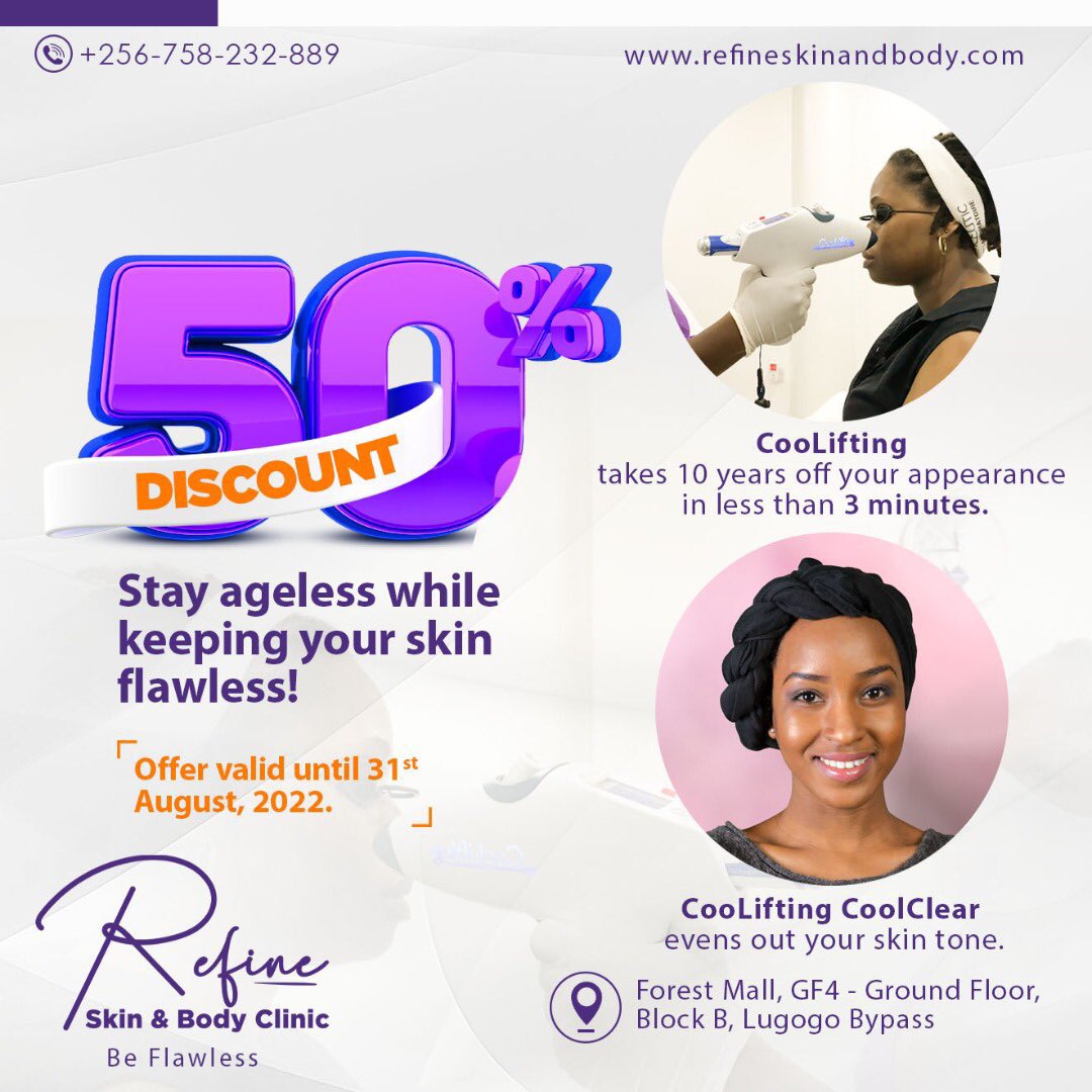RefineClinicUG's tweet photo. Topple 10 years off your appearance in less than 4 minutes with our 50% Discount on CooLifting this August.
CooLifting CoolClear evens out your skin tone.
Bookings: 0758 232 889
#BeFlawless #CooLifting #CoolClear #RefineDiscounts #SkinGoals https://t.co/Ys3GVdV9x4