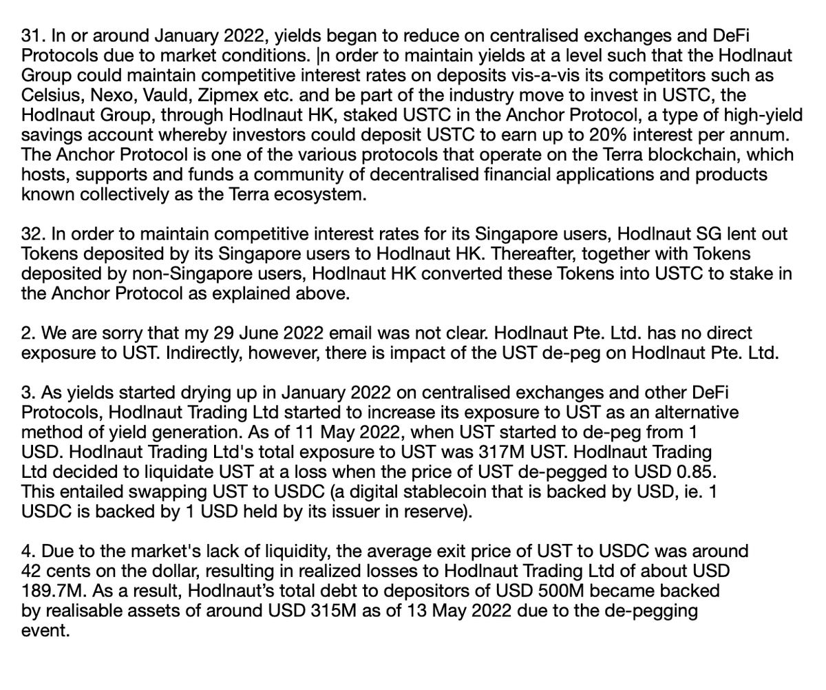 FatManTerra's tweet photo. In a new filing from Hodlnaut, they admit to have had most of their AUM in UST through their HK DeFi spin-off entity, and they lost a whopping $190m in the Terra crash. Despite this, they continued to tell customers they had zero Anchor exposure. Send JT and CT to prison. https://t.co/e3wt7VgfY8