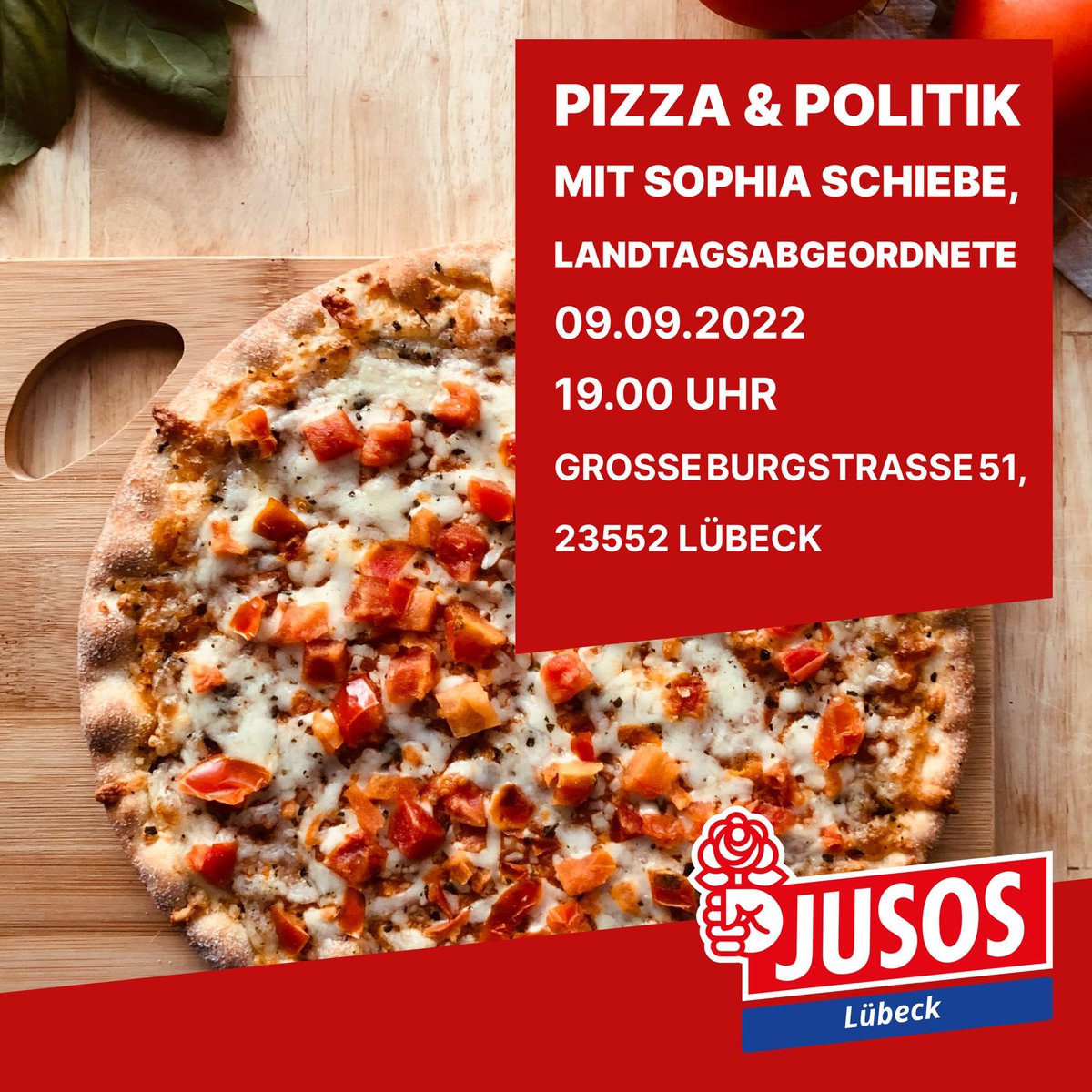 JusosLuebeck's tweet photo. Bock auf #Pizza & #Politik? 🗣🗳🍕
Dann kommt am 09.09. um 19 Uhr in die Kreisgeschäftsstelle der #SPD #Lübeck und lasst uns gemeinsam mit unserer Landtagsabgeordneten Sophia #Schiebe über Politik quatschen. #jusos #luebeck #jusosluebeck #spdluebeck @SophiaSchiebe https://t.co/qaP5HKu8PP