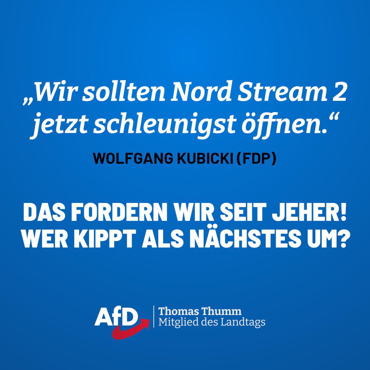 #Kubicki spricht aus, was wir als #AfD seit jeher formulieren:

#NordStream2 sichert die Versorgungssicherheit!

Aber wir können nicht immer warten, bis Altparteien umkippen. Wir garantieren: Nur mit uns wird es keine Politik auf Kosten der Bürger geben!
t.me/thomasthumm/431