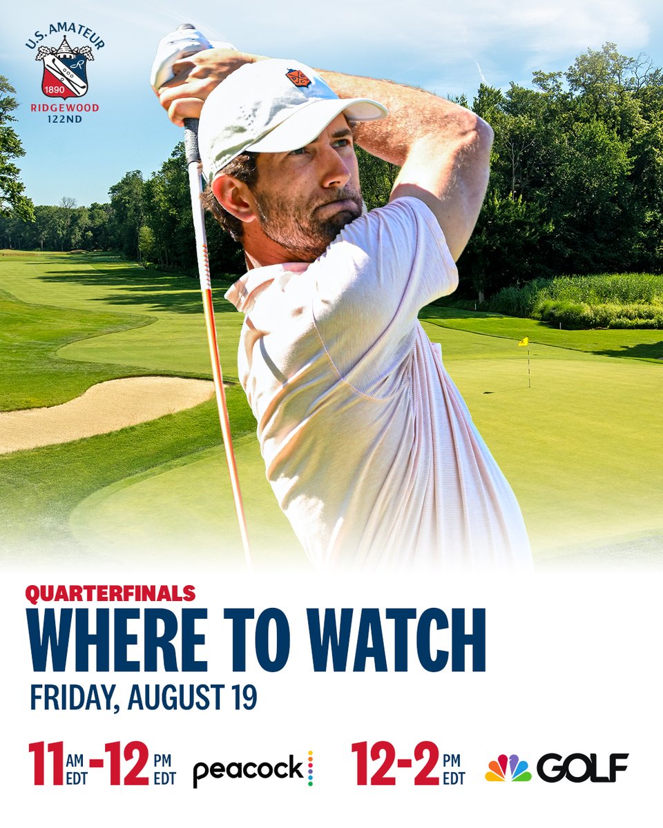 Start the weekend early!

The quarterfinals of the 122nd #USAmateur are LIVE at the top of the hour on @PeacockTV and continuing at Noon EDT on <a href="/GolfChannel/">Golf Channel</a>.

WATCH: bit.ly/AmQuarters
