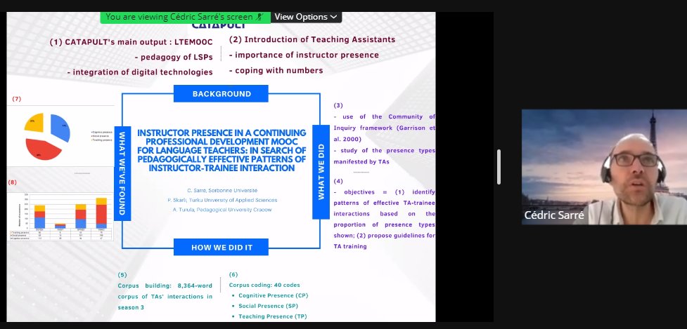 EurocallLang's tweet image. Hearing about the CATAPULT project from the lovely @Cedric_Sarre who has made creative use of his slide to comply with the demands of a 5 min lightening talk- constraints cause creativity! #eurocall2022