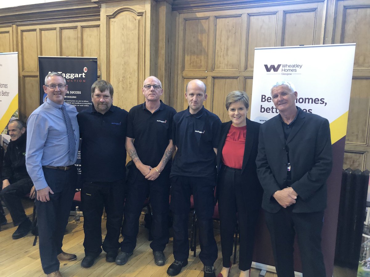 McT_Community's tweet photo. Celebrating success with @WheatleyHousing and @NicolaSturgeon today. Showcasing the approach @McTaggartGroup has taken work work in partnership with @clyde_college @WheatleyHousing @dwp to support tenants and customers into jobs. 3 recent starts from this new initiative shown. https://t.co/PPeVtS2Kmp