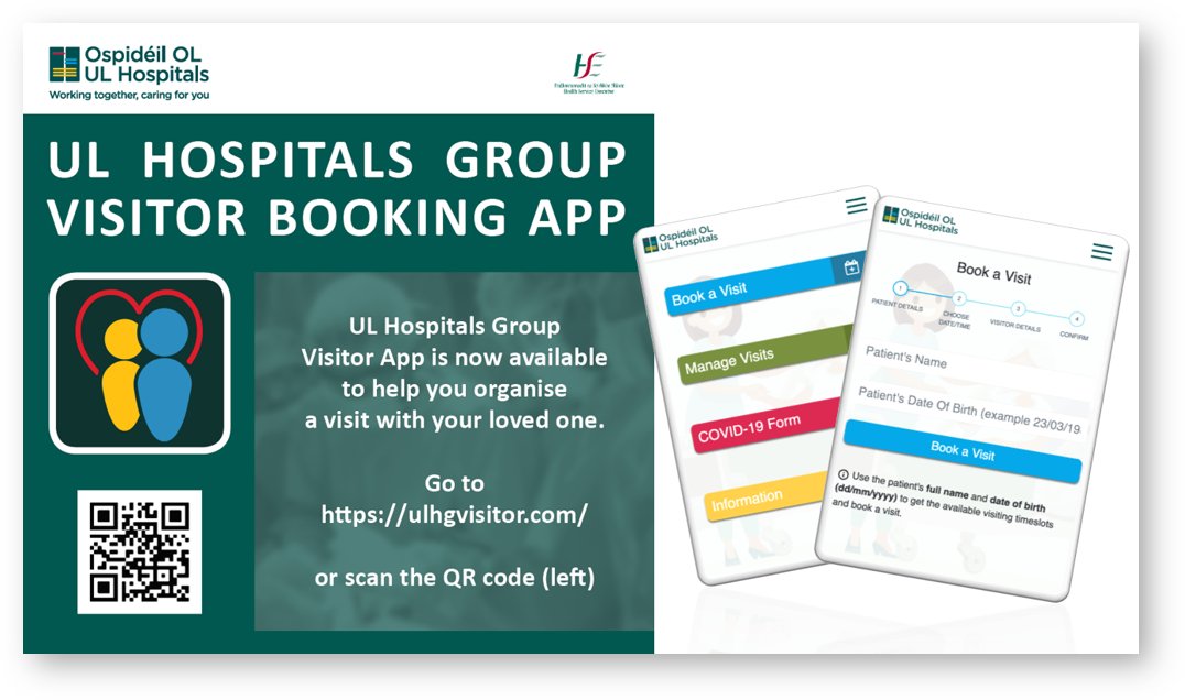 Our visitor app helps you to organise a visit with your loved one in any of our hospitals. 
You can arrange a time of visit by downloading the app (ref graphic for details)
For up-to-date information on visiting arrangements at our hospitals, visit ➡bit.ly/33JQlnK