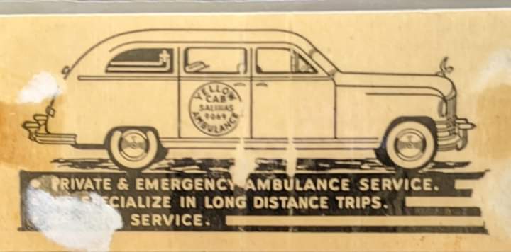 We love #vintage ambulance art here at The National EMS Museum. Like this example off an old matchbook cover from the Salinas (CA) Yellow Cab Company. Apparently, they provided emergency #ambulance service - as well as transfers - back in the day. #fridayfinds #ems #taxi