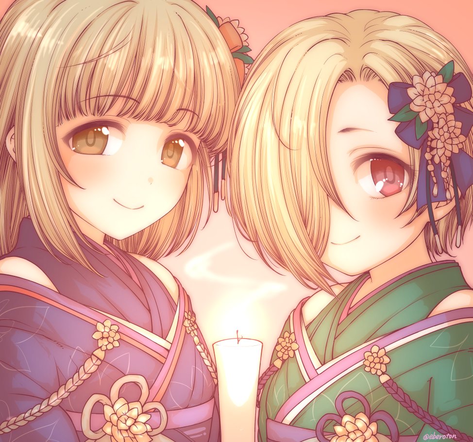 shirasaka koume 2girls multiple girls kimono japanese clothes hair over one eye smile blonde hair  illustration images