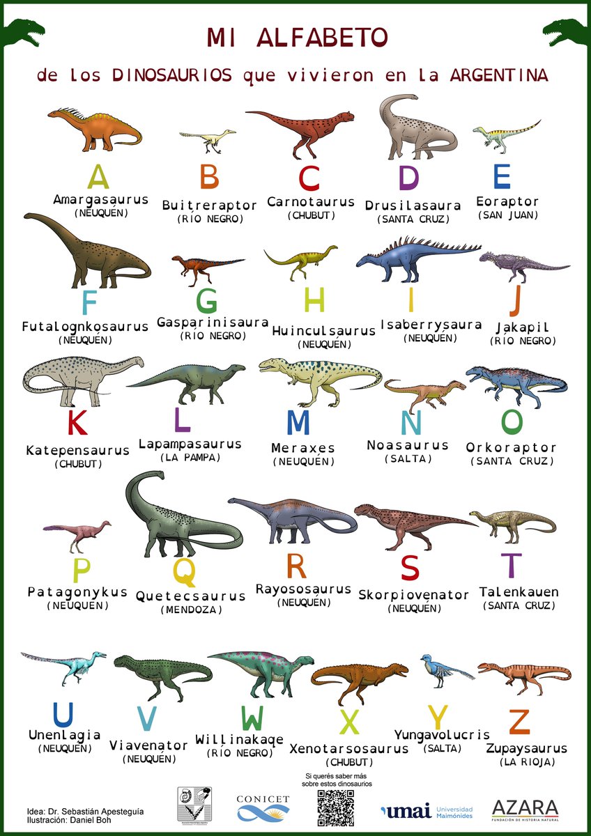 mdeambrosio's tweet image. Con el descubrimiento la semana pasada del Jakapil, ya se puede aprender el abecedario sólo con dinosaurios argentinos.