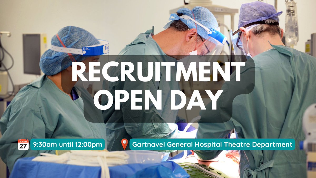 NHSScotCareers's tweet photo. The friendly team at @ggh_theatres is looking for nurses and ODPs to join their scrub, anaesthetic, and recovery departments.
🗓️Attend the recruitment open day on 27 Aug from 9:30am-12pm to find out more!
📍Gartnavel General Hospital Theatre Dept, 1053 Great Western Road, Glasgow https://t.co/CyEIFyh7AQ