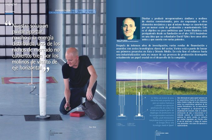 AHK_es's tweet image. 🎙️La #RevistaAHK entrevista a David J. Yáñez, cofundador y presidente de @VortexBladeless: “Nuestra solución puede aportar mucho a la energía distribuida, uno de los nichos de mercado no cubiertos bien por los molinos de viento de eje horizontal&quot;
👀👉🏽downloads.ahk.es/economia/2022-…