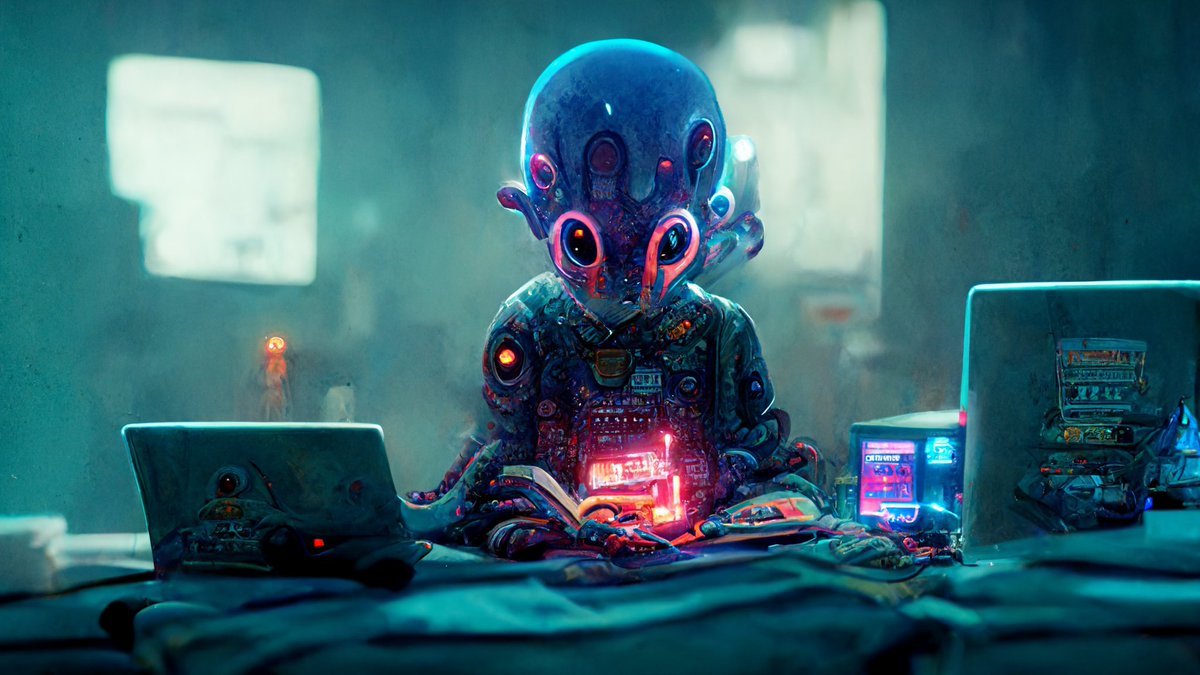 YDAI33D's tweet photo. Just an image of a cyberpunk squid boy coding on the computer in the room, nothing big here.
 
What should AI draw next?

#midjourney #art #NFTs #ArtificialInteligence #programming https://t.co/3wLs9RcVCC