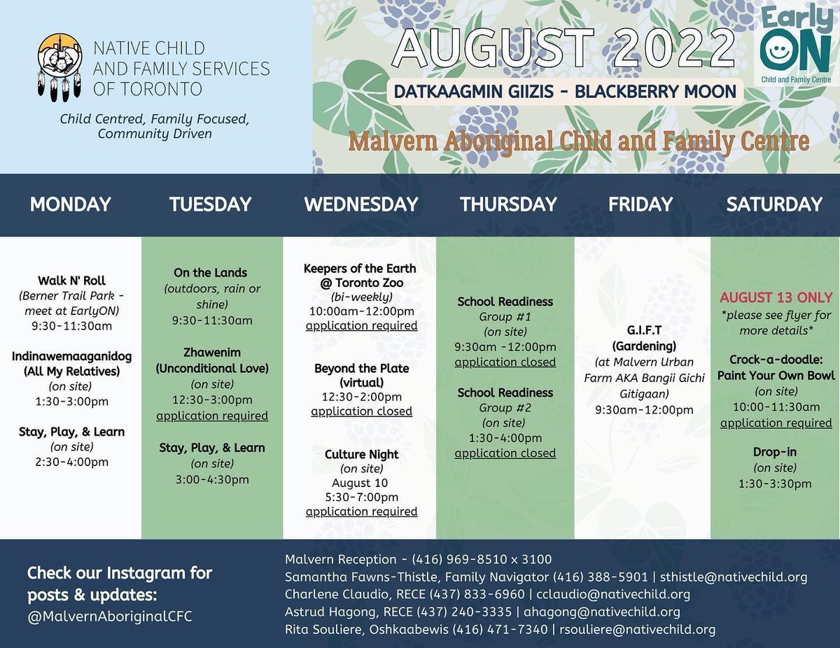 NCFST's tweet photo. AUGUST is here! π Check out the programming at the Malvern Aboriginal Child and Family Centre.
For more information follow on Instagram or call 416-969-8510 ext: 3100
Instagram @malvernaboriginalcfc
#NCFST
#MACFC
#IndigenousCommunity https://t.co/Askqsyjc5H