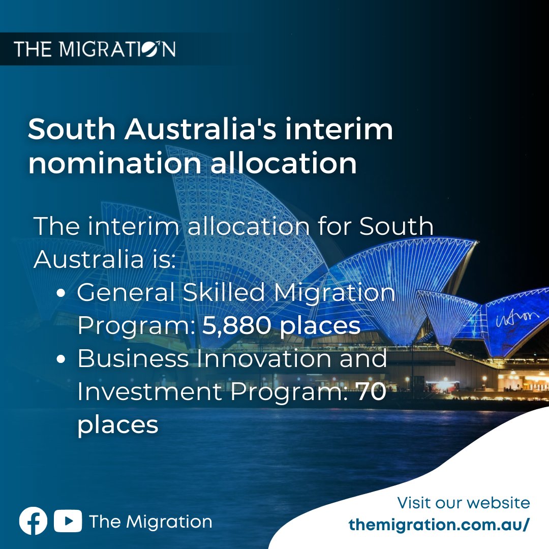 TheMigrationAU's tweet image. The Australian Government Department of Home Affairs has given South Australia an interim allotment of nomination slots for the 2022–2023 program year, and the State's skilled and business migration program will soon be opening.
.
.
#themigration #australia #skillvisa