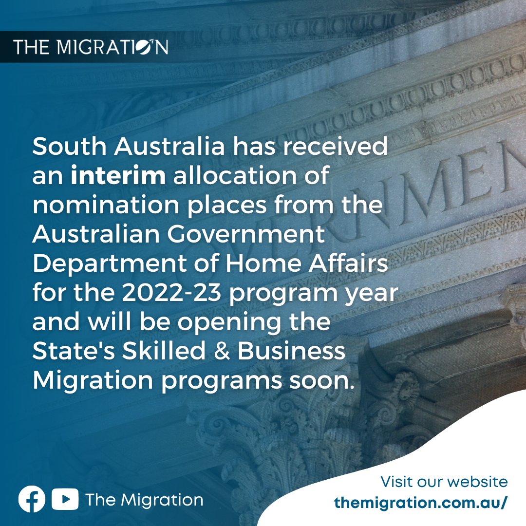 TheMigrationAU's tweet image. The Australian Government Department of Home Affairs has given South Australia an interim allotment of nomination slots for the 2022–2023 program year, and the State's skilled and business migration program will soon be opening.
.
.
#themigration #australia #skillvisa