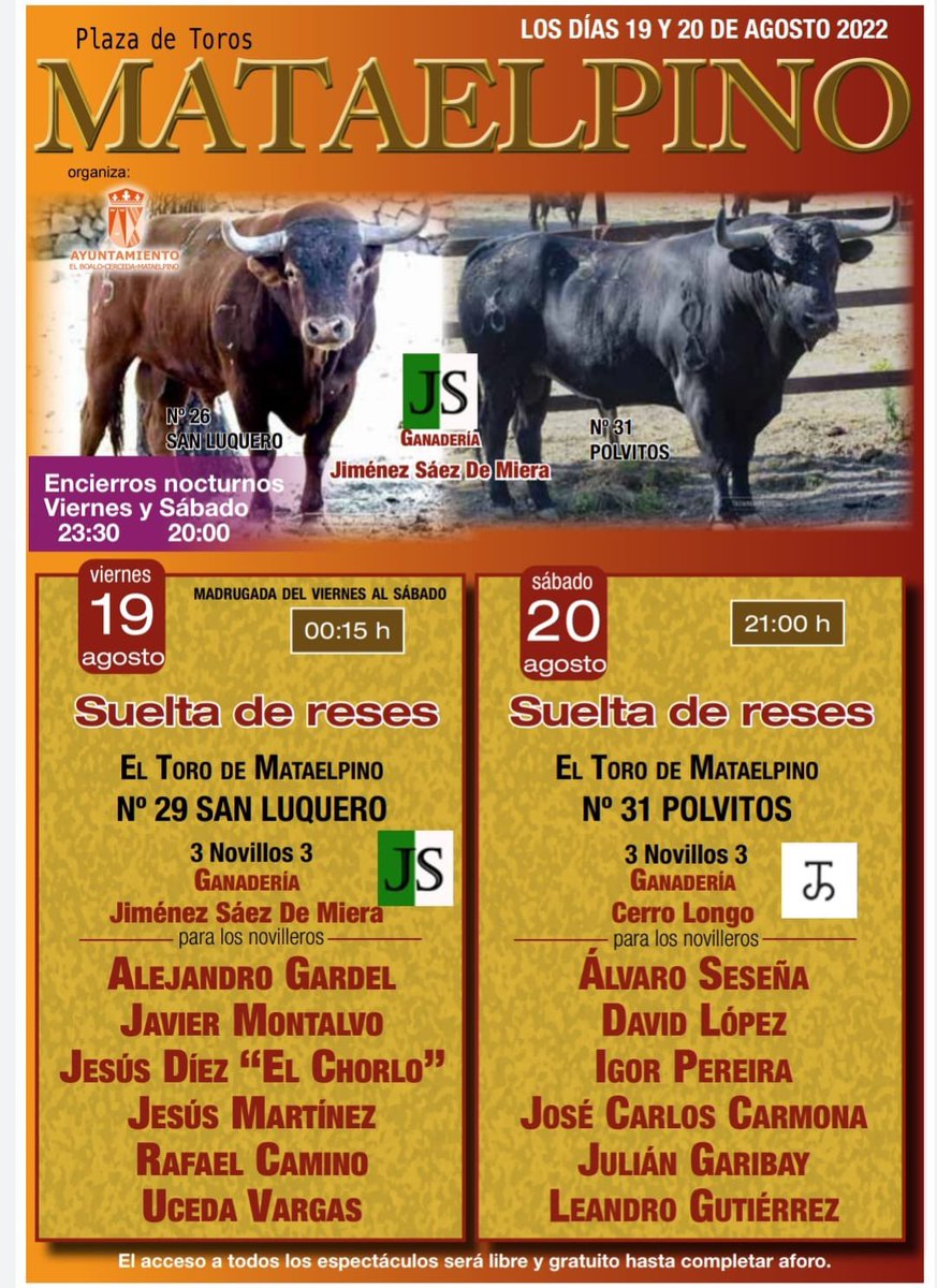 Hoy en Mataelpino, Comunidad de Madrid, <a href="/infoAGardel/">Alejandro Gardel ℹ️</a>, <a href="/javier1montalvo/">javier montalvo</a>, <a href="/InfoElChorlo/">Jesús Díez “El Chorlo”</a>, <a href="/info_jmartinez/">Jesús Martínez</a>, <a href="/camino_rafi/">Rafael Camino Sanz</a> y <a href="/uceda_vargas/">Miguel Uceda Vargas</a>. Novillos 🐂 de Jiménez Sáez de Miera.