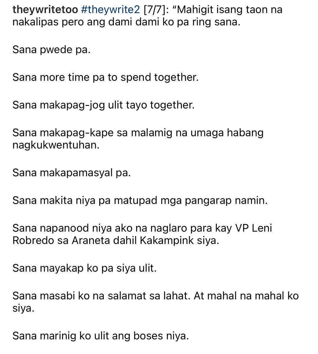 theywritetoo's tweet photo. #theywrite2 [7/7] “Mahigit isang taon na nakalipas pero ang dami dami ko pa ring sana.”

How do you move on from losing your number one source of strength and your number one fan? Maru Banaticla still has no answers. https://t.co/yOK4oki5cF