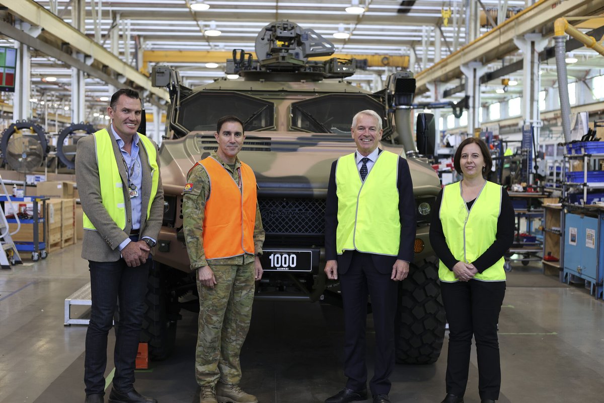 ThalesDefence's tweet photo. [#BestOf] Thank you Major General Simon Stuart, for the visit to our Bendigo facility - we're excited that the 1000th Hawkei vehicle is on the production line. Looking forward to getting more of this advanced capability into the hands of #OurADF as quickly as possible. https://t.co/r9OWrrHc1R