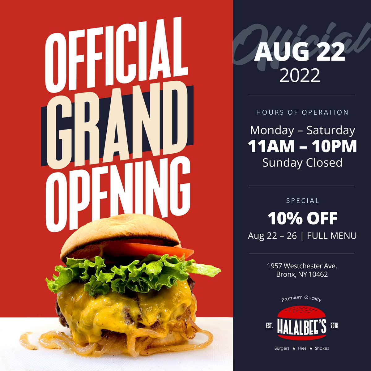 Ok.. so now we’re OFFICIALLY, officially ready to open our doors.. 🔥 11am to 10pm, daily (except Sunday - closed) at our newest #BRONX location. And to help us celebrate - come in any day this coming week (Aug 22-26) and get 10% on your whole order! 🎉