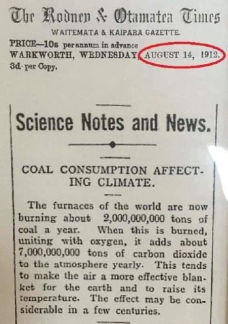 This newspaper clipping from 1912 explains the impact of coal on the climate in the most powerful way I’ve heard: virg.in/o6Mq