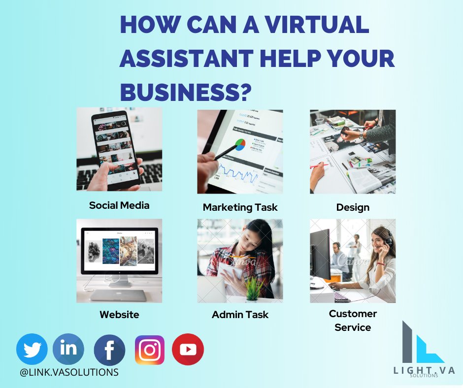LinkVasolutions's tweet image. &quot;💭🤔 What can a Virtual Assistant do for your 
business?

These are some of the tasks of a Virtual Assistant:
✅Social Media Manager
✅Graphic Design
✅Website Developer
✅Admin and Marketing Task
✅Customer Service
